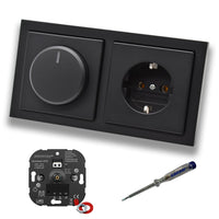 EBROM 1003 Universal ECO LED Drehdimmer Dimmer + Busch Jäger Dimmerscheibe 6540-885-102 und Steckdose m. Kinderschutz 20EUCKS-885 in Future Linear Schwarz matt + EBROM Phasenprüfer z. Montage d.Geräte