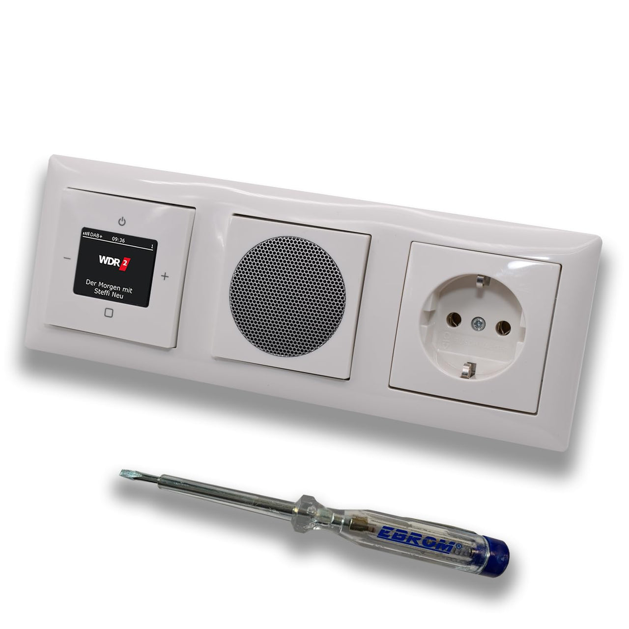 Busch Jäger DAB+ (DAB PLUS) Unterputz Radio 8215U-101 Balance SI alpinweiß, Komplett-Set mit Lautsprecher, Abdeckungen, Steckdose, Rahmen + EBROM Phasenprüfer z. Montage der Geräte 8215U