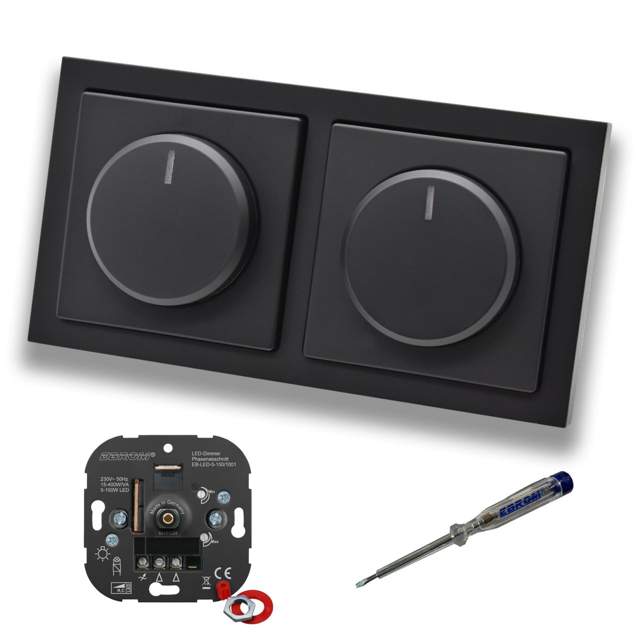 EBROM 1001 (2 Stück) LED Drehdimmer Dimmer + Busch Jäger Dimmerscheiben 6540-885-102 in Future Linear Schwarz matt im 2-fach Rahmen inkl. EBROM Phasenprüfer zur Montage der Geräte