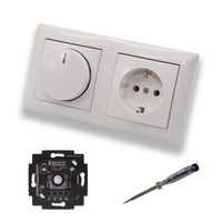 Busch Jäger 6523UR-103 LED Drehdimmer Dimmer + Scheibe 2115-914 und Steckdose mit Kinderschutz 20EUCKS-914 in Balance Si alpinweiß glänzend inkl. EBROM Phasenprüfer zur Montage der Geräte 6523 UR-103