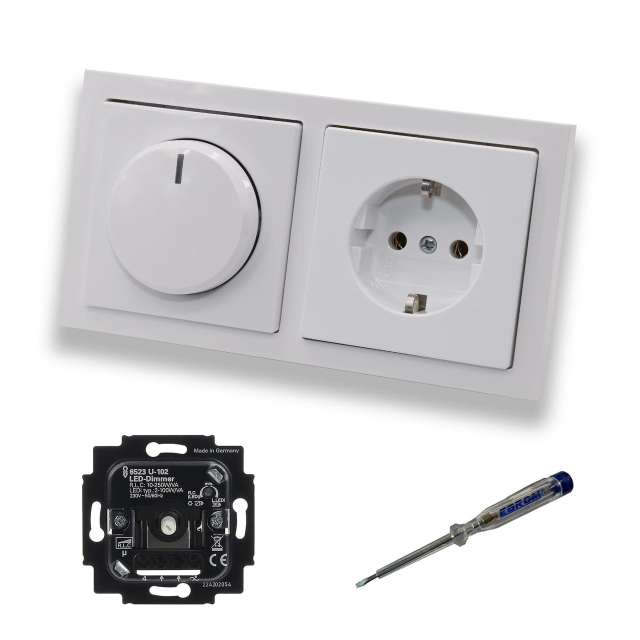 Busch Jäger 6523U-102 LED Drehdimmer Dimmer + Dimmerscheibe 6540-84-102 und Steckdose 20EUC-84 in Future Linear Studioweiß glänzend inklusive EBROM Phasenprüfer zur Montage der Geräte 6523 U – 102