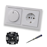 Busch Jäger 6523U-102 LED Drehdimmer Dimmer + Dimmerscheibe 6540-84-102 und Steckdose 20EUC-84 in Future Linear Studioweiß glänzend inklusive EBROM Phasenprüfer zur Montage der Geräte 6523 U – 102