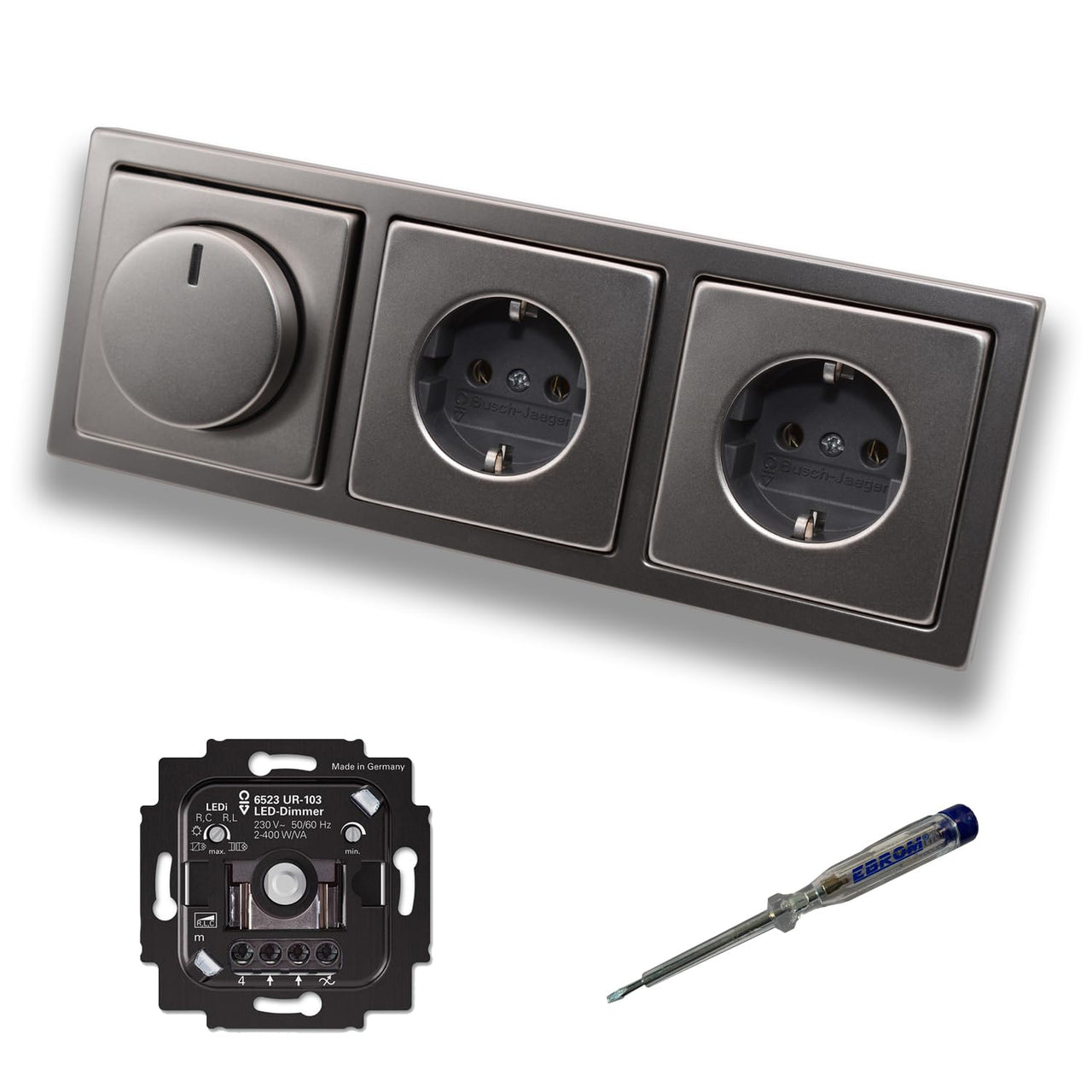 Busch Jäger 6523UR-103 LED Drehdimmer Dimmer + Dimmerscheibe 6540-866-102 und 2 x Steckdose 20EUC-866 in PUR Edelstahl inklusive EBROM Phasenprüfer zur Montage der Geräte 6523 UR-103