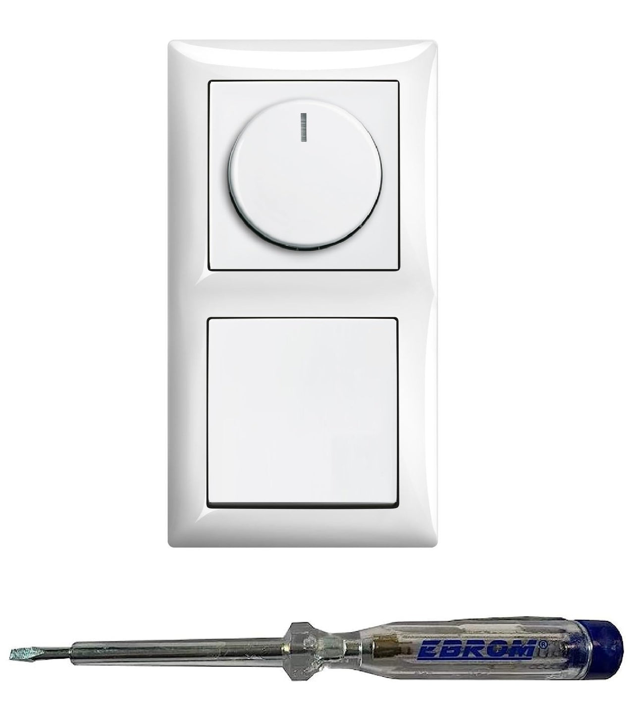 Busch Jäger 6523U-102 LED Drehdimmer Dimmer + Dimmerscheibe 2115-914 und Lichtschalter 2000/6 US in Balance Si alpinweiß glänzend inklusive EBROM Phasenprüfer zur Montage der Geräte (6523 U – 102)
