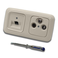 Busch Jäger, Rutenbeck Unterputz Netzwerkdose 10 Gigabit/S (10GbE) KAT6A 6A 1 x RJ45 Anschluss + WISI TV SAT RADIO 3-Loch Dose im BJ DUR2000 cremeweiß Design + EBROM Phasenprüfer z. Montage d. Geräte