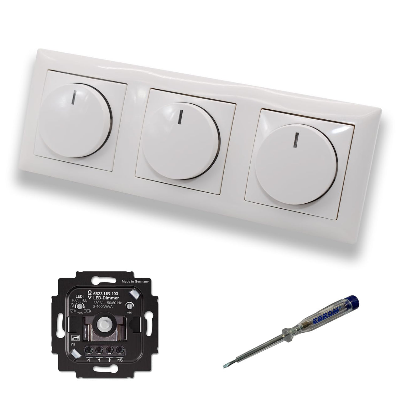 Busch Jäger 6523UR-103 (3 Stück) LED Drehdimmer Dimmer + Dimmerscheiben 2115-914 in BalanceSi alpinweiß glänzend im 3-fach Rahmen inkl. EBROM Phasenprüfer zur Montage der Geräte 6523 UR-103
