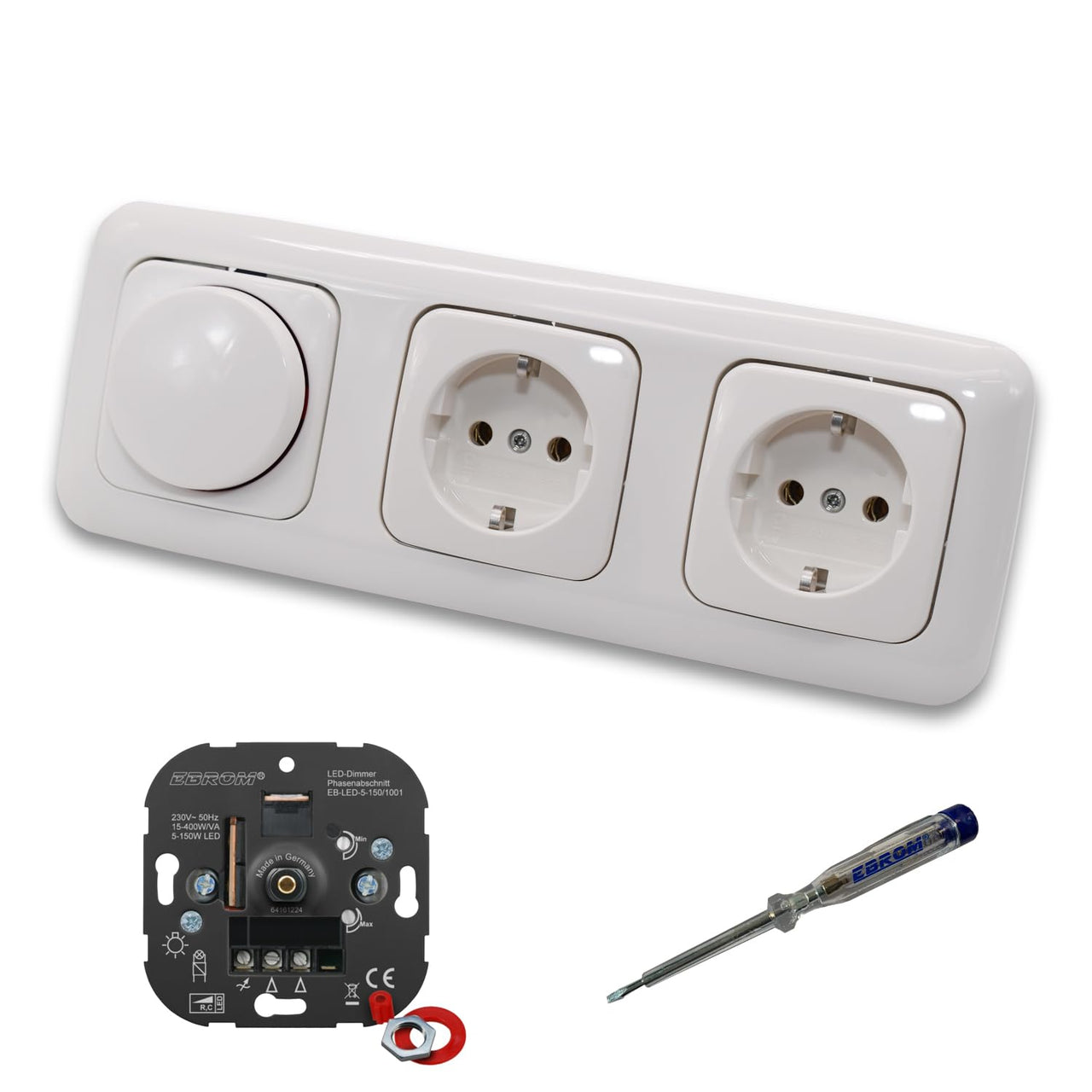 EBROM 1001 LED Drehdimmer Dimmer + Busch Jäger Dimmerscheibe 2115-214 und 2 x Steckdose 20EUC-214 in Reflex Si alpinweiß glänzend inklusive EBROM Phasenprüfer zur Montage der Geräte