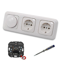 EBROM 1001 LED Drehdimmer Dimmer + Busch Jäger Dimmerscheibe 2115-214 und 2 x Steckdose 20EUC-214 in Reflex Si alpinweiß glänzend inklusive EBROM Phasenprüfer zur Montage der Geräte