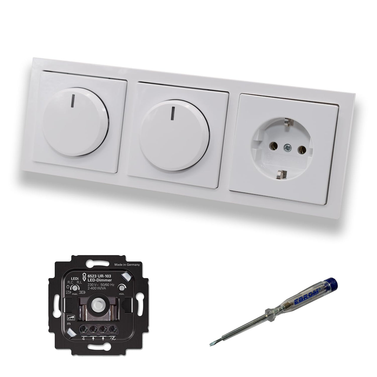 Busch Jäger 6523UR-103 (2 x) LED Drehdimmer Dimmer + Dimmerscheibe 6540-84-102 + Steckdose 20EUC-84 in Future Linear Studioweiß glänzend inklusive EBROM Phasenprüfer zur Montage der Geräte 6523 UR-103