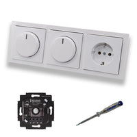 Busch Jäger 6523UR-103 (2 x) LED Drehdimmer Dimmer + Scheiben 6540-84-102 und Steckdose mit Kinderschutz 20EUCKS-84 in Future Linear Studioweiß glänzend + EBROM Phasenprüfer zur Montage der Geräte