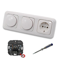 EBROM 1001 (2 x) LED Drehdimmer Dimmer + Busch Jäger Dimmerscheiben 2115-214 und Steckdose mit Kinderschutz 20EUCKS-214 in Reflex Si alpinweiß glänzend + EBROM Phasenprüfer z. Montage der Geräte