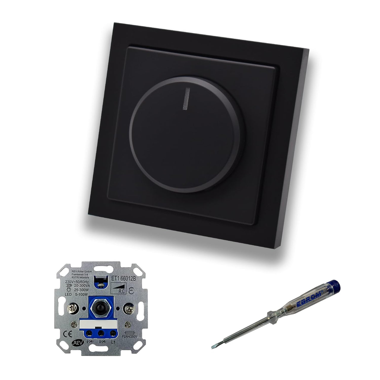 REV Ritter LED Drehdimmer LED-Dimmer mit Busch Jäger Dimmerscheibe Zentralplatte 6540-84-102 Einfachrahmen in Future Linear schwarz matt + EBROM Phasenprüfer z. Montage des Dimmers ET1 66012B