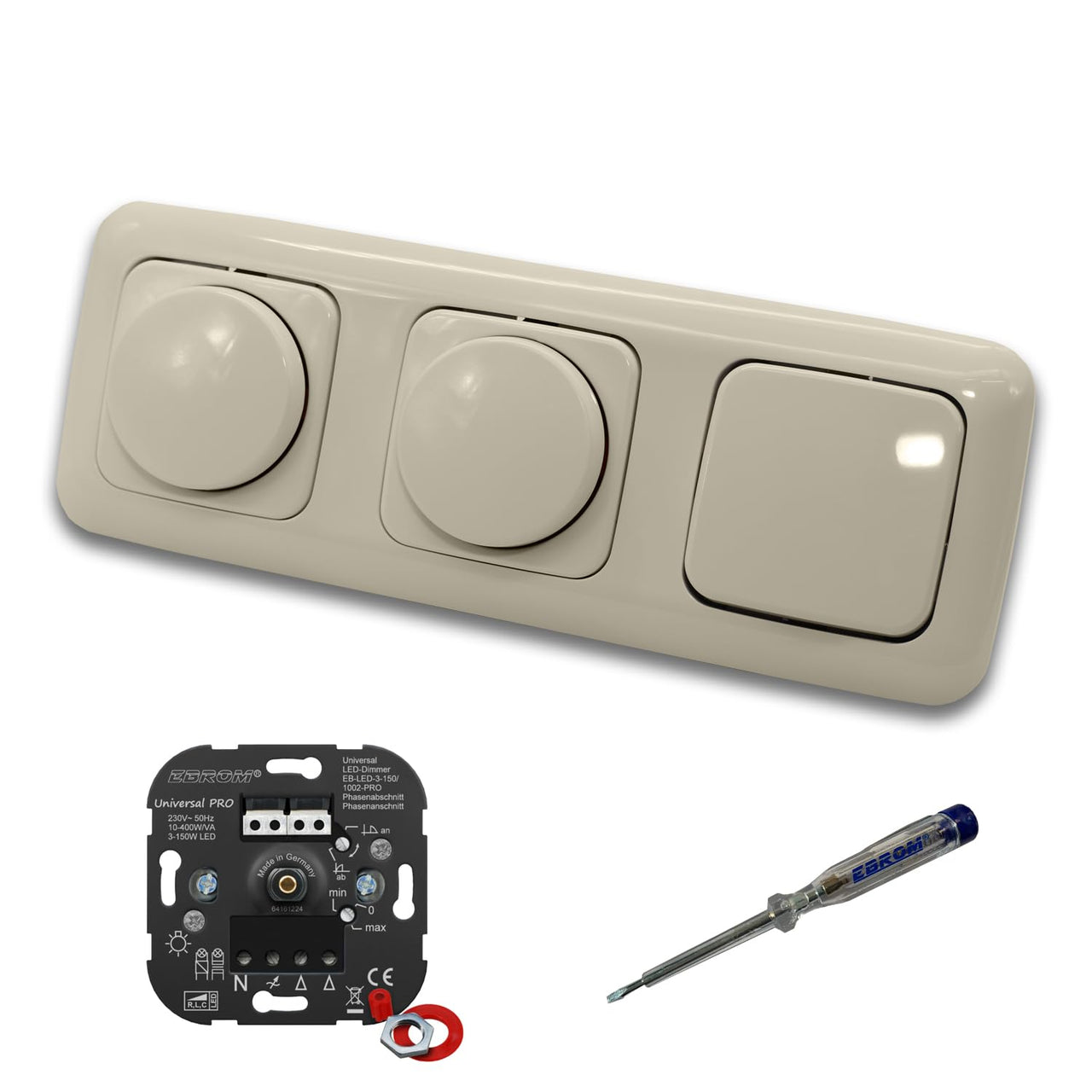 EBROM 1002 Universal PRO (2 x) LED Drehdimmer Dimmer + Busch Jäger Dimmerscheiben 2115-212 und Lichtschalter 2000/6 US in DURO2000 cremeweiß glänzend inklusive EBROM Phasenprüfer zur Montage d. Geräte