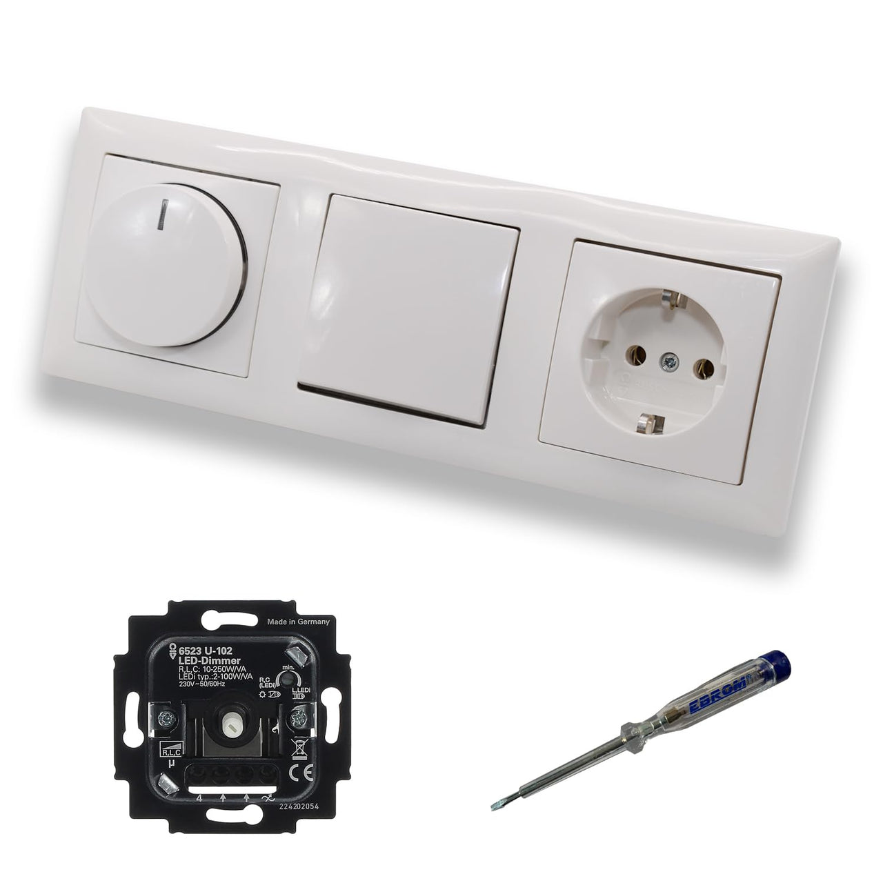 Busch Jäger 6523U-102 LED Drehdimmer Dimmer + Dimmerscheibe 2115-914 + Lichtschalter 2000/6US + Steckdose 20EUC-914 Balance Si alpinweiß glänzend + EBROM Phasenprüfer z. Montage d. Geräte 6523 U – 102