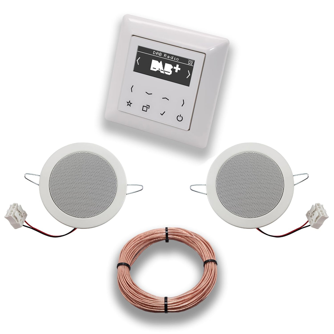 JUNG Smart Radio Unterputzradio DABAWW DAB+ Komplettset JUNG AS 500 System alpinweiß, Komplett-Set mit 2 x Deckenlautsprecher Einbaulautsprecher + 20 Meter Lautsprecherkabel 2x0,75 mm2