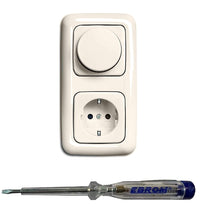 Busch Jäger 6523U-102 LED Drehdimmer Dimmer + Dimmerscheibe 2115-212 und Steckdose 20EUC-212 in DURO2000 cremeweiß glänzend inklusive EBROM Phasenprüfer zur Montage der Geräte (6523 U – 102)