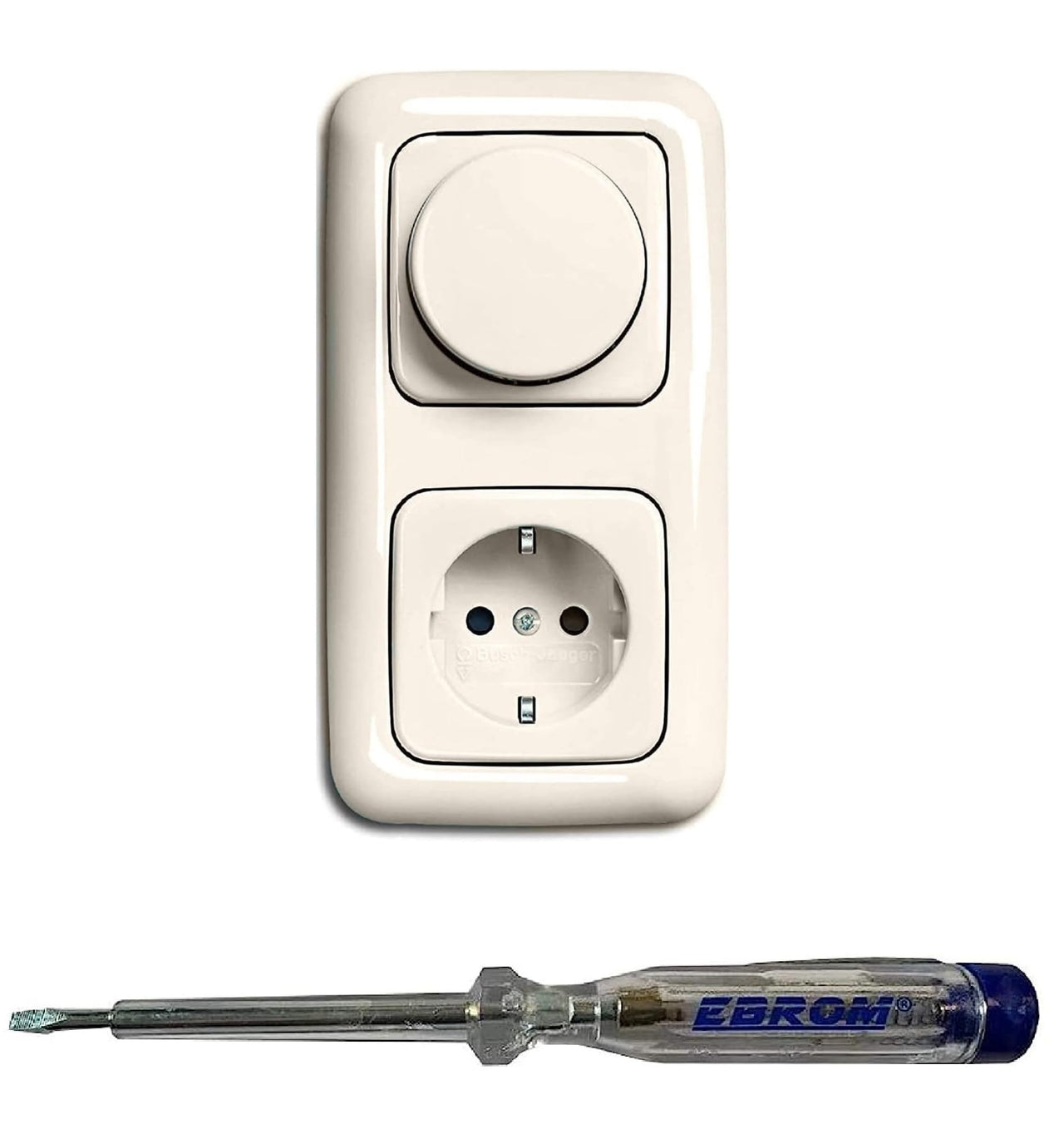 Busch Jäger 6523U-102 LED Drehdimmer Dimmer + Scheibe 2115-212 und Steckdose mit Kinderschutz 20EUCKS-212 in DURO2000 cremeweiß glänzend inkl. EBROM Phasenprüfer zur Montage der Geräte (6523 U – 102)