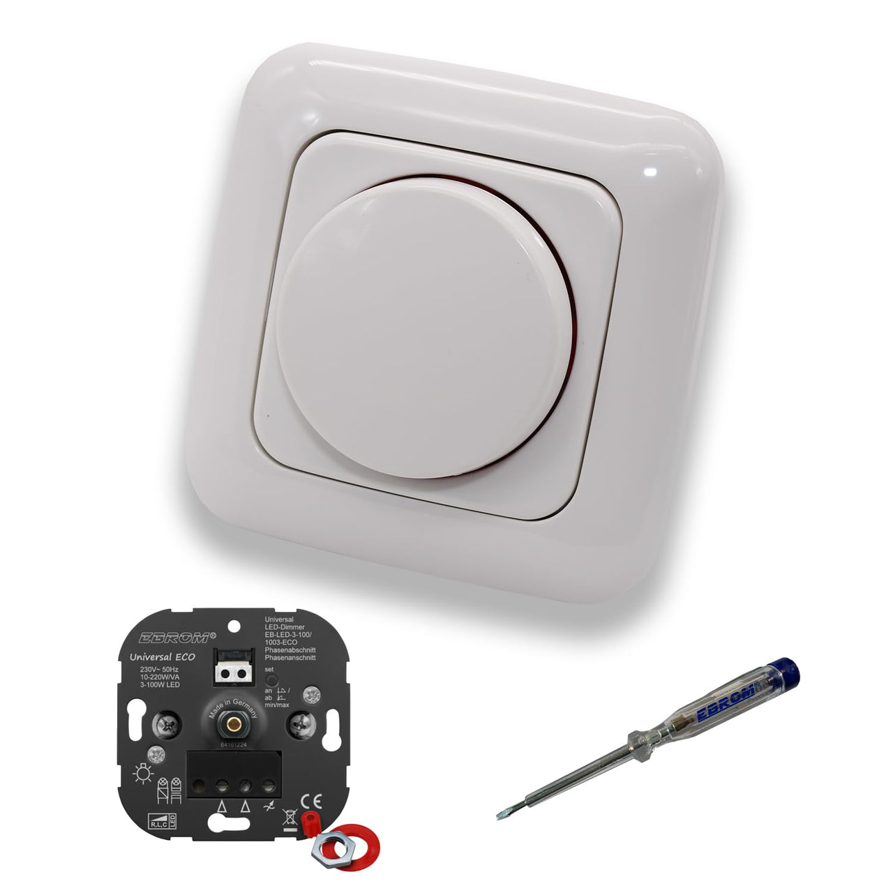 EBROM 1003 Universal ECO LED-Drehdimmer LED Dimmer mit Busch Jäger Dimmerscheibe Zentralplatte 2115-214 Einfachrahmen in Reflex Si alpinweiß glänzend + EBROM Phasenprüfer zur Montage des Geräts