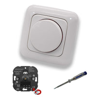 EBROM 1003 Universal ECO LED-Drehdimmer LED Dimmer mit Busch Jäger Dimmerscheibe Zentralplatte 2115-214 Einfachrahmen in Reflex Si alpinweiß glänzend + EBROM Phasenprüfer zur Montage des Geräts