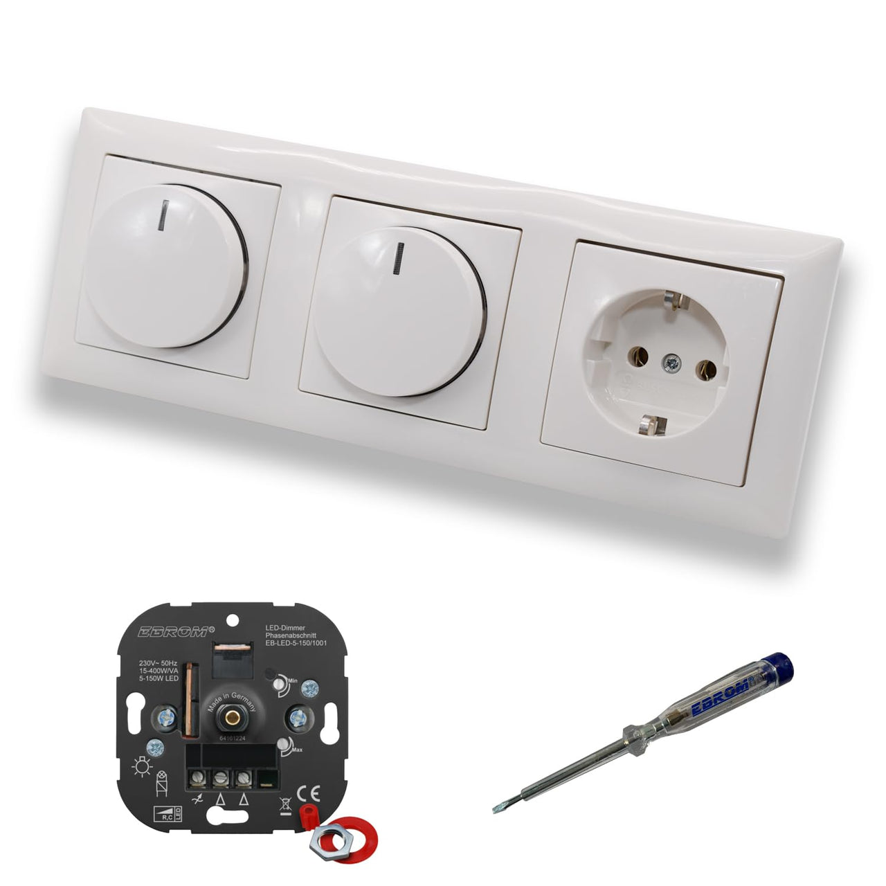 EBROM 1001 (2 x) LED Drehdimmer Dimmer + Busch Jäger Dimmerscheibe 2115-914 und Steckdose 20EUC-914 in Balance Si alpinweiß glänzend inklusive EBROM Phasenprüfer zur Montage der Geräte