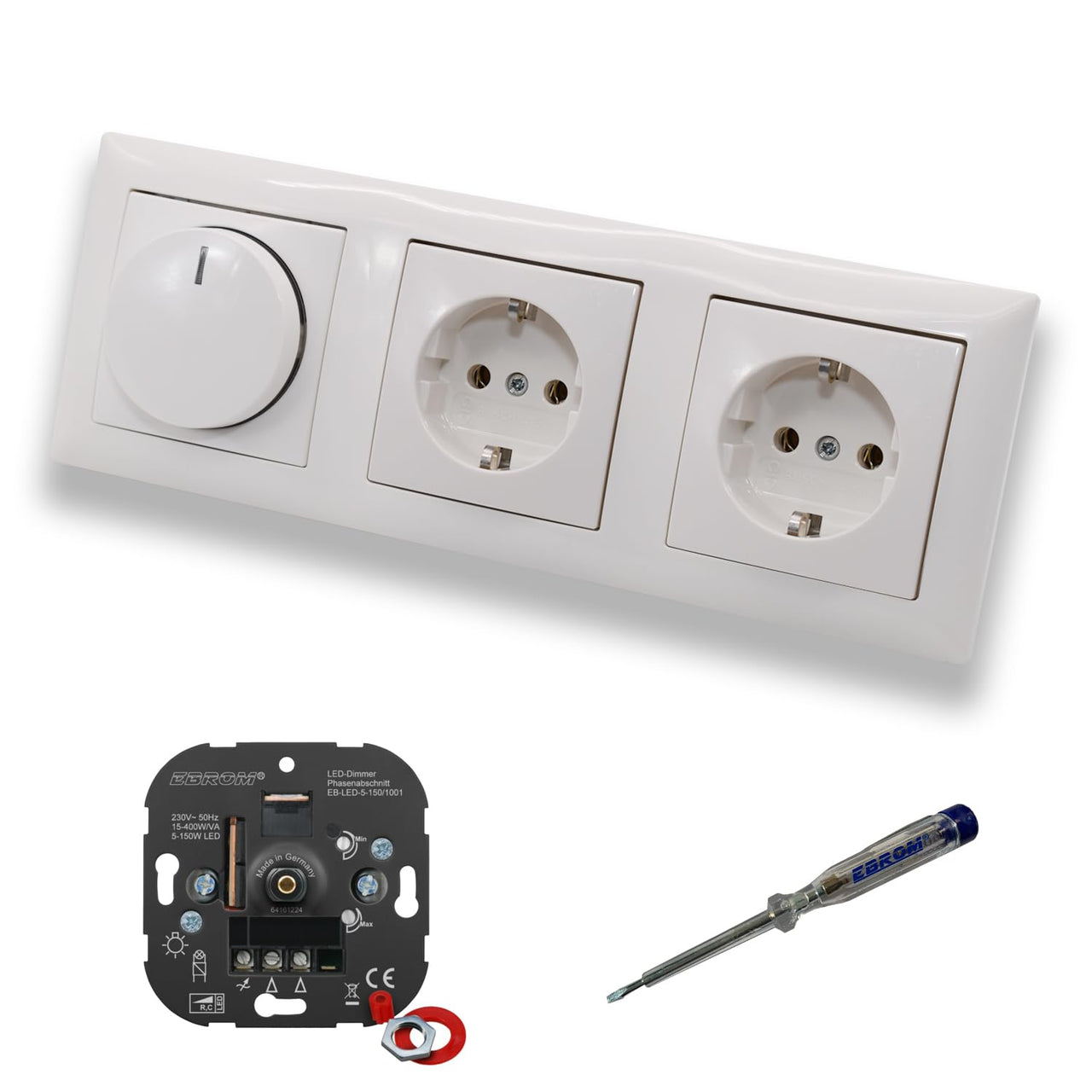 EBROM 1001 LED Drehdimmer Dimmer + Busch Jäger Dimmerscheibe 2115-914 und 2 x Steckdose mit Kinderschutz 20EUCKS-914 in Balance Si alpinweiß glänzend + EBROM Phasenprüfer z. Montage der Geräte