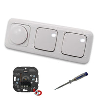 EBROM 1001 LED Drehdimmer Dimmer + Busch Jäger Dimmerscheibe 2115-214 und 2 x Lichttaster 2020 US in Reflex Si alpinweiß glänzend inklusive EBROM Phasenprüfer zur Montage der Geräte