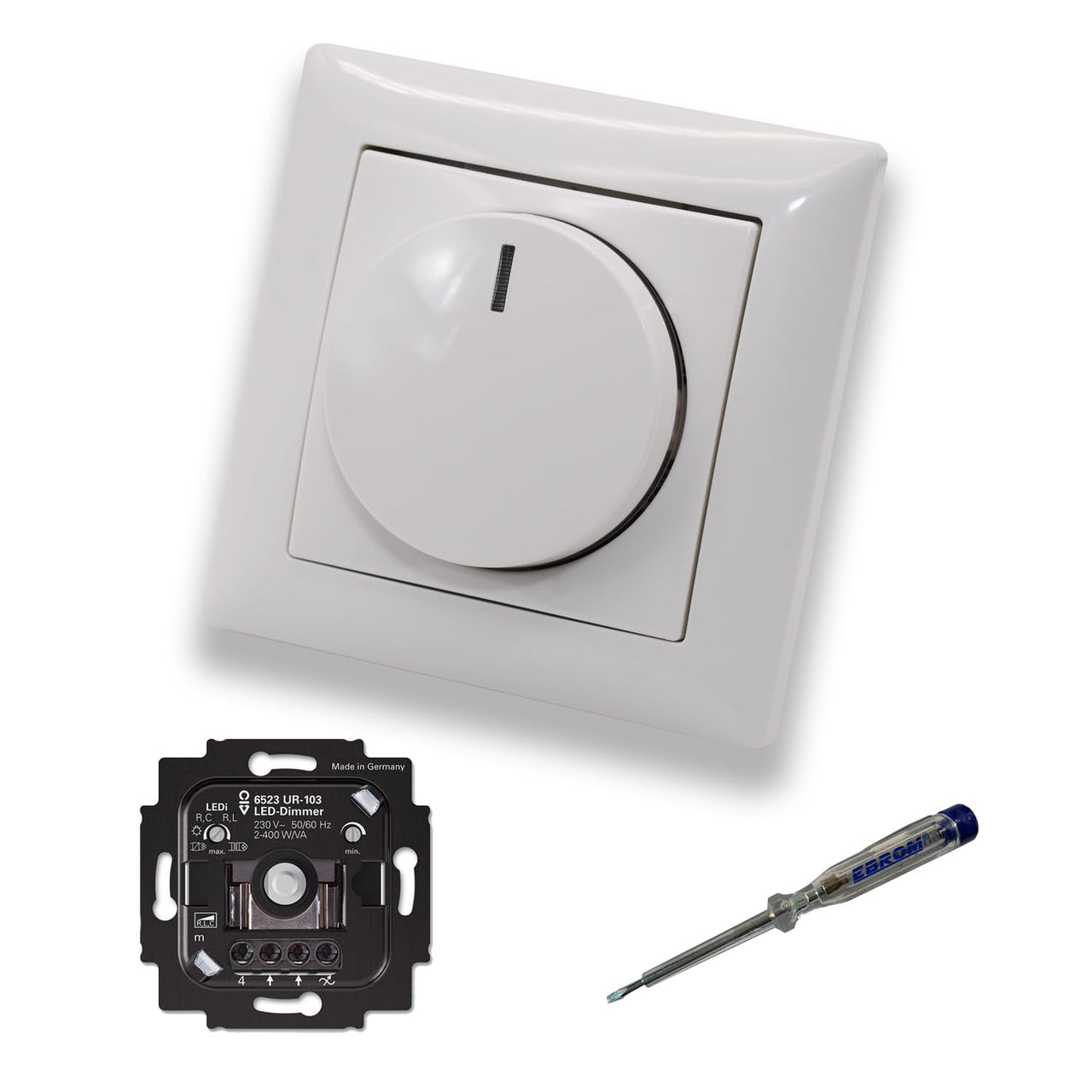 Busch Jäger 6523UR-103 LED-Drehdimmer LED-Dimmer mit Dimmerscheibe Zentralplatte 2115-914 Einfachrahmen in Balance Si alpinweiß glänzend inklusive EBROM Phasenprüfer z. Montage des Dimmers 6523 UR-103