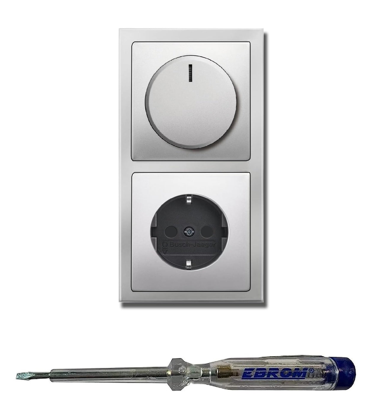 Busch Jäger 6523U-102 LED Drehdimmer Dimmer + Dimmerscheibe 6540-866-102 und Steckdose mit Kinderschutz 20EUCKS-866 in PUR EDELSTAHL inklusive EBROM Phasenprüfer zur Montage der Geräte (6523 U – 102)