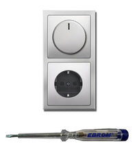 Busch Jäger 6523U-102 LED Drehdimmer Dimmer + Dimmerscheibe 6540-866-102 und Steckdose mit Kinderschutz 20EUCKS-866 in PUR EDELSTAHL inklusive EBROM Phasenprüfer zur Montage der Geräte (6523 U – 102)