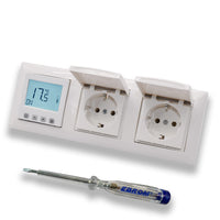 Halmburger Raumthermostat Raumtemperaturregler ERD-55rg DIGITAL in Busch Jäger Balance Si alpinweiß Rahmen mit 2x Klappsteckdose + EBROM Phasenprüfer zur Montage der Geräte ERD-55 (rg) Fußbodenheizung