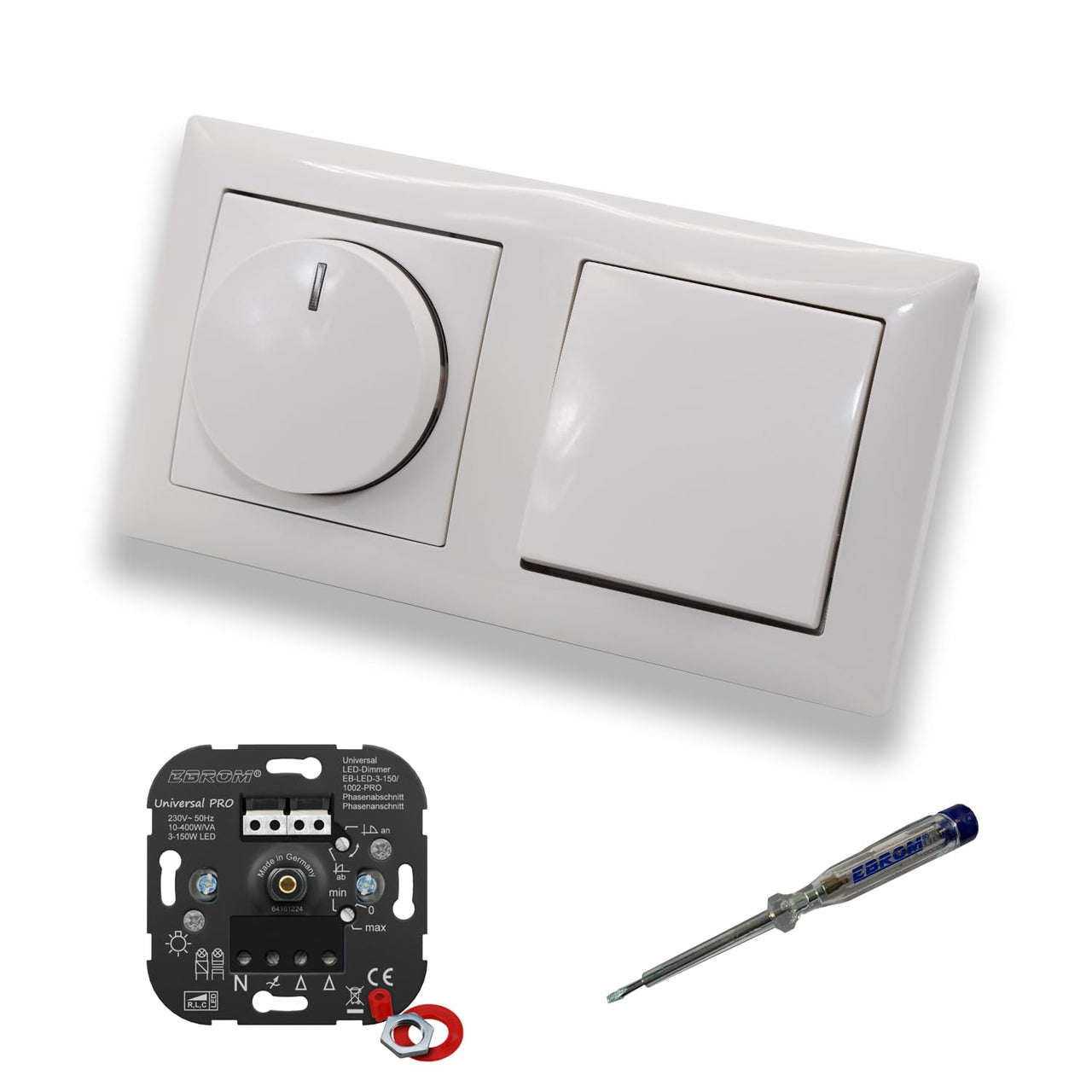 EBROM 1002 Universal PRO LED Drehdimmer Dimmer + Busch Jäger Dimmerscheibe 2115-914 und Kreuzschalter 2000/7 US in Balance Si alpinweiß glänzend inklusive EBROM Phasenprüfer zur Montage der Geräte