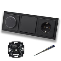 Busch Jäger 6523U-102 LED Drehdimmer Dimmer + Dimmerscheibe 6540-885-102 + Lichtschalter 2000/6US + Steckdose 20EUC-885 Future Linear schwarz matt + EBROM Phasenprüfer zur Montage der Geräte
