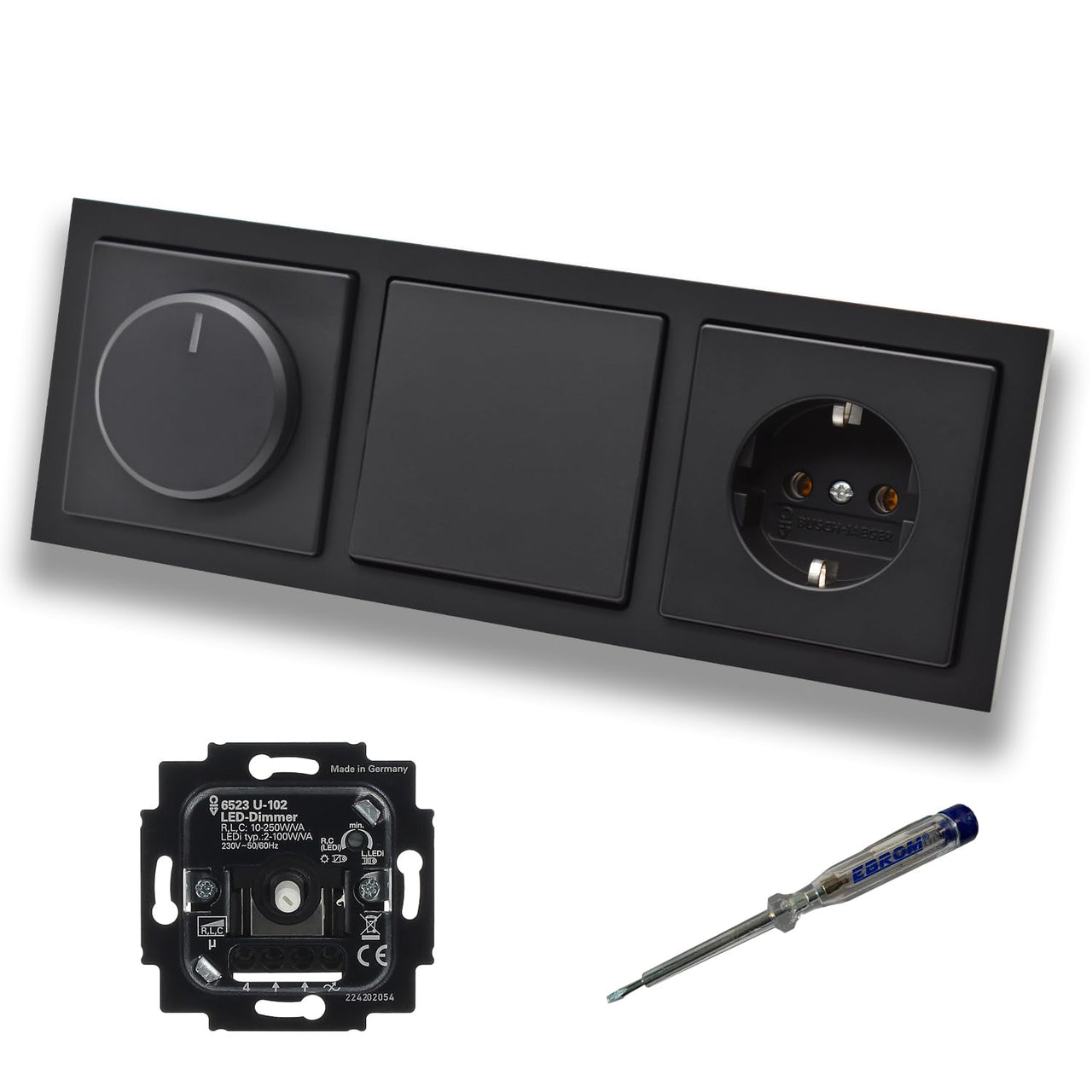 Busch Jäger 6523U-102 LED Drehdimmer Dimmer + Dimmerscheibe 6540-885-102 + Taster 2020US + Steckdose 20EUC-885 Future Linear schwarz matt + EBROM Phasenprüfer zur Montage der Geräte 6523 U – 102