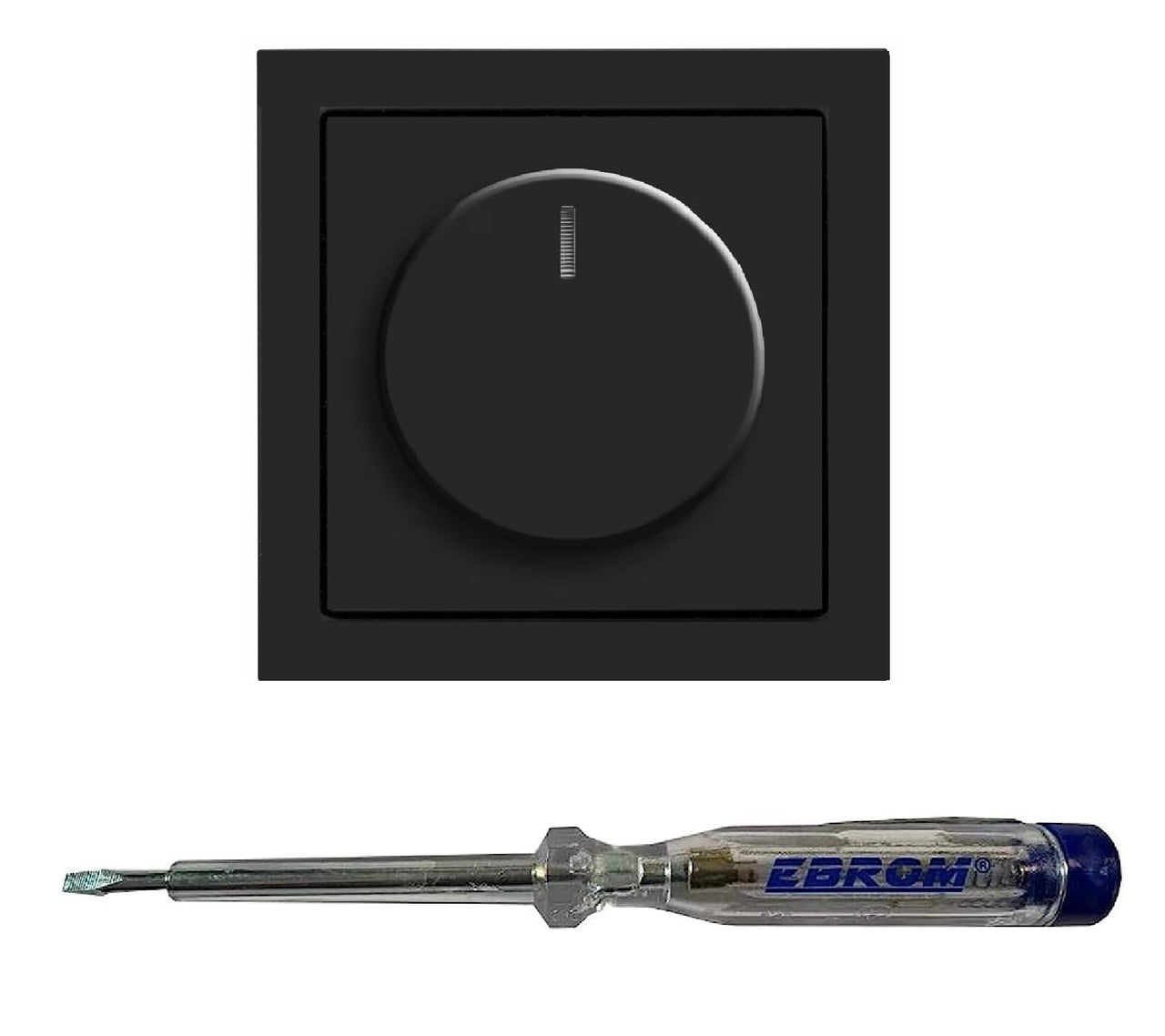 Busch Jäger 6523U-102 LED-Drehdimmer LED-Dimmer mit Dimmerscheibe Zentralplatte 6540-885-102 und Einfachrahmen in SCHWARZ MATT inklusive EBROM Phasenprüfer zur Montage des Dimmers