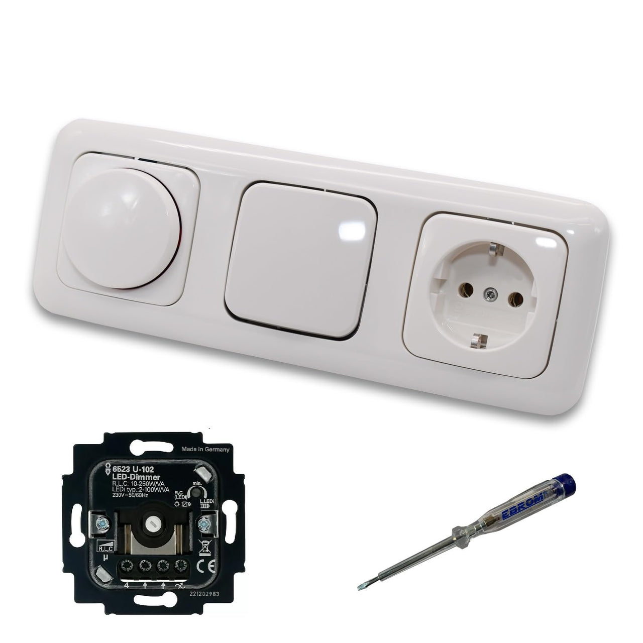 Busch Jäger 6523U-102 LED Drehdimmer Dimmer + Scheibe 2115-214 + Taster 2020US + Steckdose mit Kinderschutz 20EUCKS-214 Reflex Si alpinweiß + EBROM Phasenprüfer z. Montage der Geräte 6523 U – 102