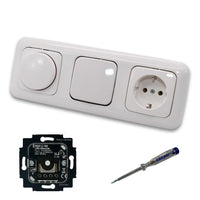 Busch Jäger 6523U-102 LED Drehdimmer Dimmer + Scheibe 2115-214 + Taster 2020US + Steckdose mit Kinderschutz 20EUCKS-214 Reflex Si alpinweiß + EBROM Phasenprüfer z. Montage der Geräte 6523 U – 102