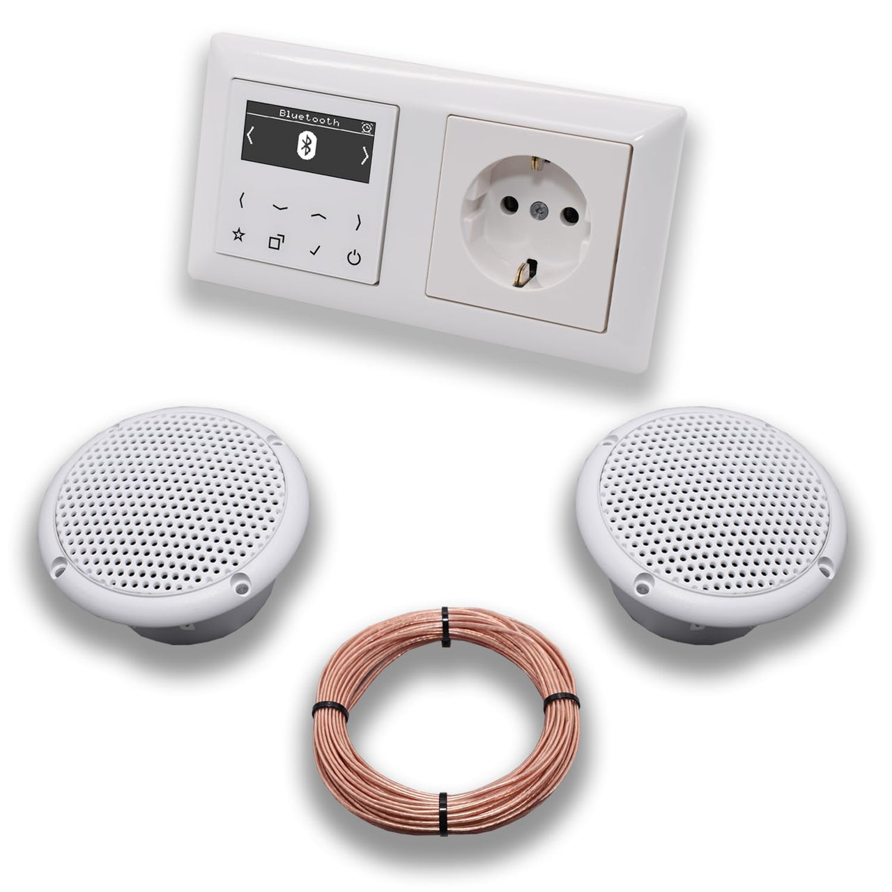 JUNG Smart Radio Unterputzradio DABABTWW DAB+ mit Bluetooth, JUNG AS 500 System alpinweiß, Komplett-Set mit 2 x Decken Feuchtraumlautsprecher Badezimmer + 20 m Lautsprecherkabel 2x0,75 mm2 + Steckdose