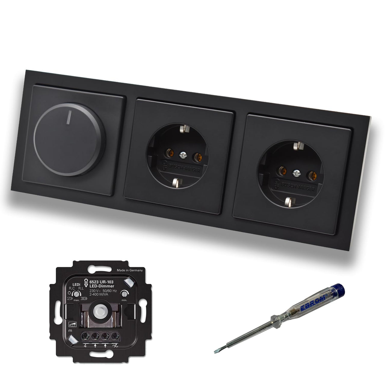 Busch Jäger 6523UR-103 LED Drehdimmer Dimmer + Dimmerscheibe 6540-885-102 und 2 x Steckdose 20EUC-885 in Future Linear schwarz matt inklusive EBROM Phasenprüfer zur Montage der Geräte 6523 UR-103