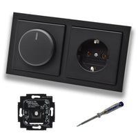 Busch Jäger 6523U-102 LED Drehdimmer Dimmer + Dimmerscheibe 6540-885-102 und Steckdose 20EUC-885 in Future Linear schwarz matt inklusive EBROM Phasenprüfer zur Montage der Geräte 6523 U – 102