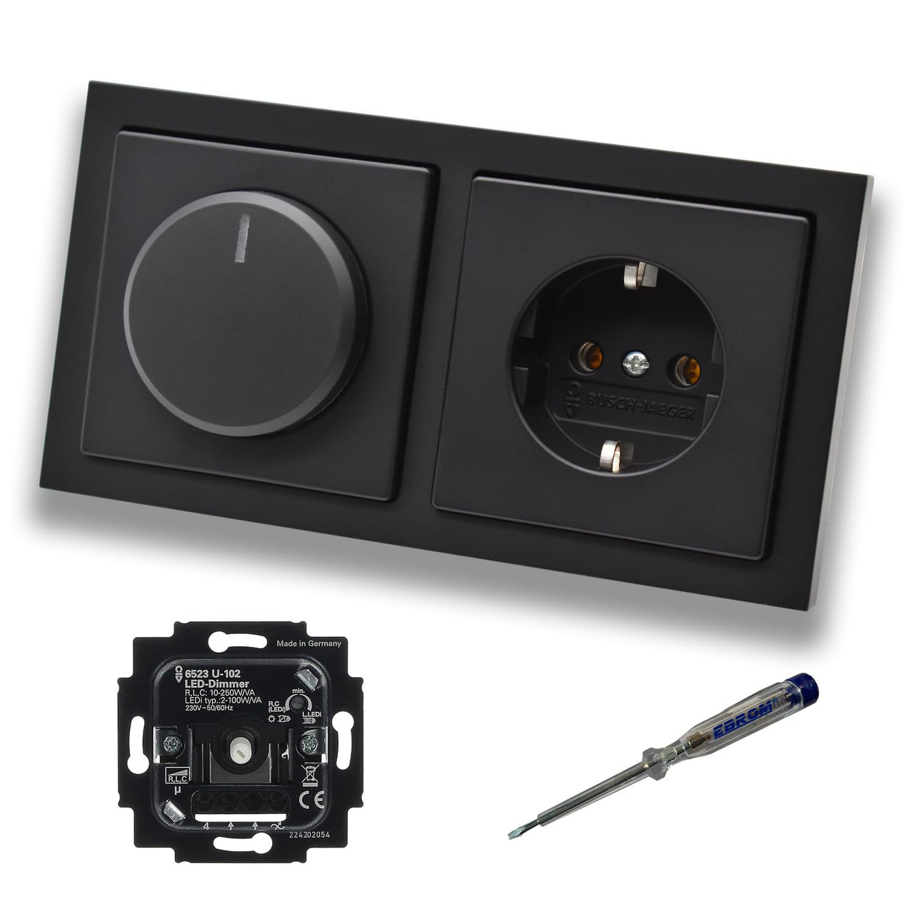 Busch Jäger 6523U-102 LED Drehdimmer Dimmer + Scheibe 6540-885-102 + Steckdose mit Kinderschutz 20EUCKS-885 in Future Linear schwarz matt + EBROM Phasenprüfer zur Montage der Geräte 6523 U – 102