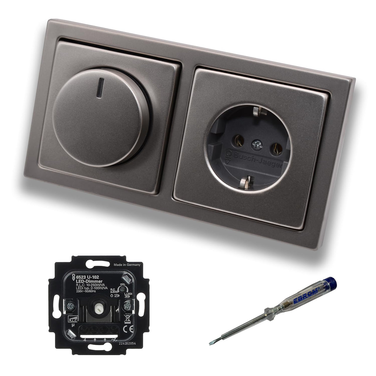 Busch Jäger 6523U-102 LED Drehdimmer Dimmer + Dimmerscheibe 6540-866-102 und Steckdose 20EUC-866 in PUR Edelstahl inklusive EBROM Phasenprüfer zur Montage der Geräte 6523 U – 102