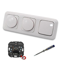 EBROM 1001 (2 x) LED Drehdimmer Dimmer + Busch Jäger Dimmerscheiben 2115-214 und Lichtschalter 2000/6 US in Reflex Si alpinweiß glänzend inklusive EBROM Phasenprüfer zur Montage der Geräte