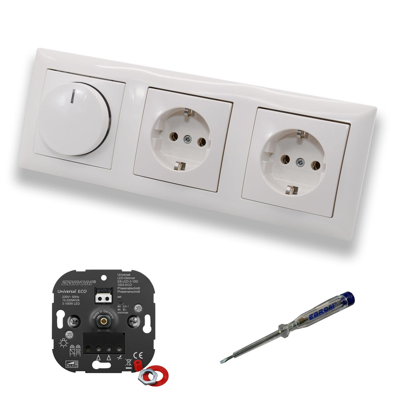 EBROM 1003 Universal ECO LED Drehdimmer Dimmer + Busch Jäger Dimmerscheibe 2115-914 und 2 x Steckdose 20EUC-914 in Balance Si alpinweiß glänzend inklusive EBROM Phasenprüfer zur Montage der Geräte
