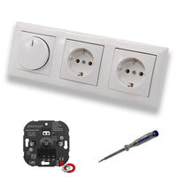 EBROM 1003 Universal ECO LED Drehdimmer Dimmer + Busch Jäger Dimmerscheibe 2115-914 und 2 x Steckdose 20EUC-914 in Balance Si alpinweiß glänzend inklusive EBROM Phasenprüfer zur Montage der Geräte