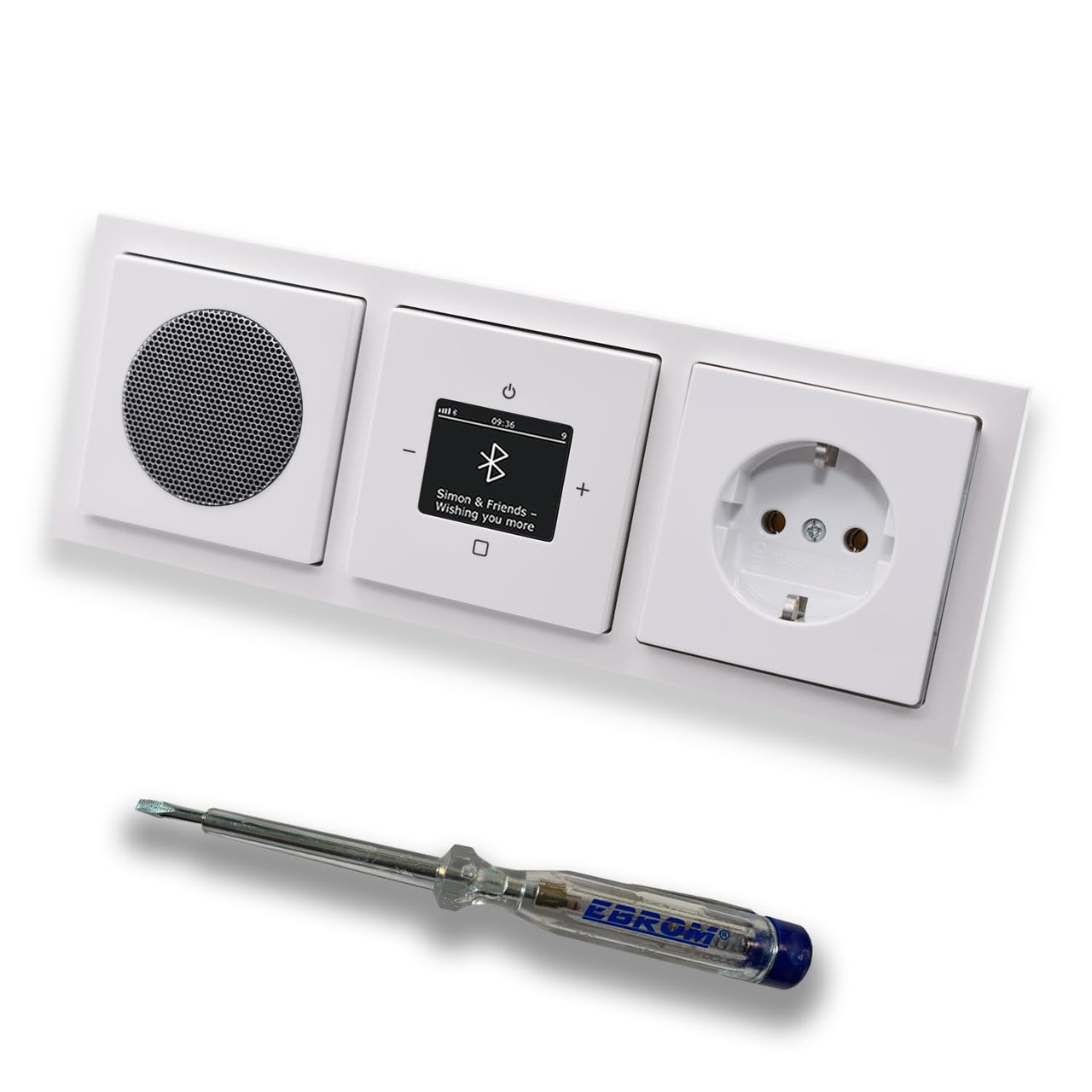 Busch Jäger DAB+ Unterputz Bluetooth (in and out) Radio 8217U-101 Future Linear Studioweiß, Set mit Lautsprecher, Abdeckungen, Steckdose, Rahmen + EBROM Phasenprüfer zur Montage d. Geräte - 8217U
