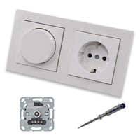 GIRA 245500 LED Drehdimmer Dimmer + Dimmerscheibe Zentralscheibe 065003 und Steckdose 418803 in Gira E2 reinweiß glänzend inklusive EBROM Phasenprüfer zur Montage der Geräte