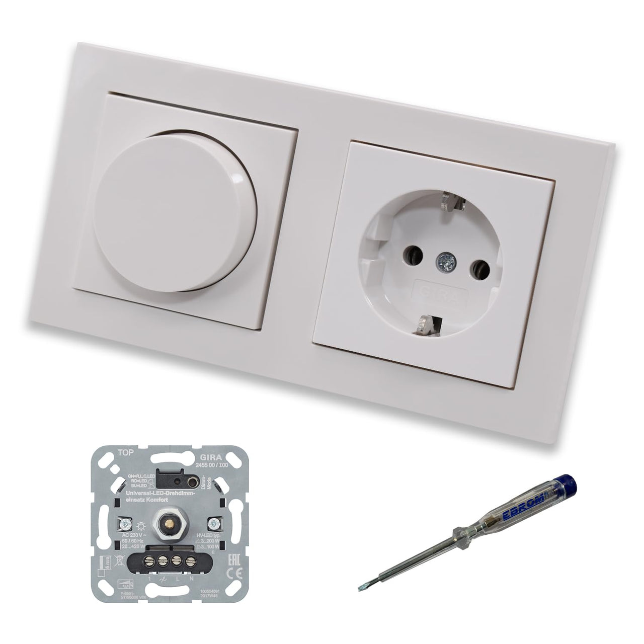 GIRA 245500 LED Drehdimmer Dimmer + Dimmerscheibe 065003 und Steckdose mit Kinderschutz 445303 in Gira E2 reinweiß glänzend inkl. EBROM Phasenprüfer zur Montage der Geräte