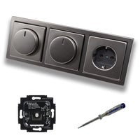 Busch Jäger 6523U-102 (2 x) LED Drehdimmer Dimmer + Dimmerscheibe 6540-866-102 und Steckdose 20EUC-866 in PUR Edelstahl inklusive EBROM Phasenprüfer zur Montage der Geräte 6523 U – 102