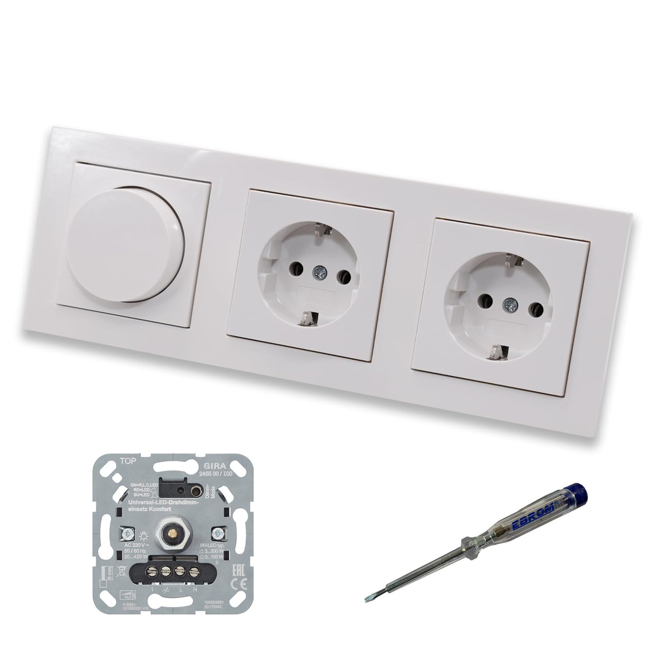 GIRA 245500 LED Drehdimmer Dimmer + Dimmerscheibe Zentralscheibe 065003 und 2 x Steckdose 418803 in Gira E2 reinweiß glänzend inklusive EBROM Phasenprüfer zur Montage der Geräte