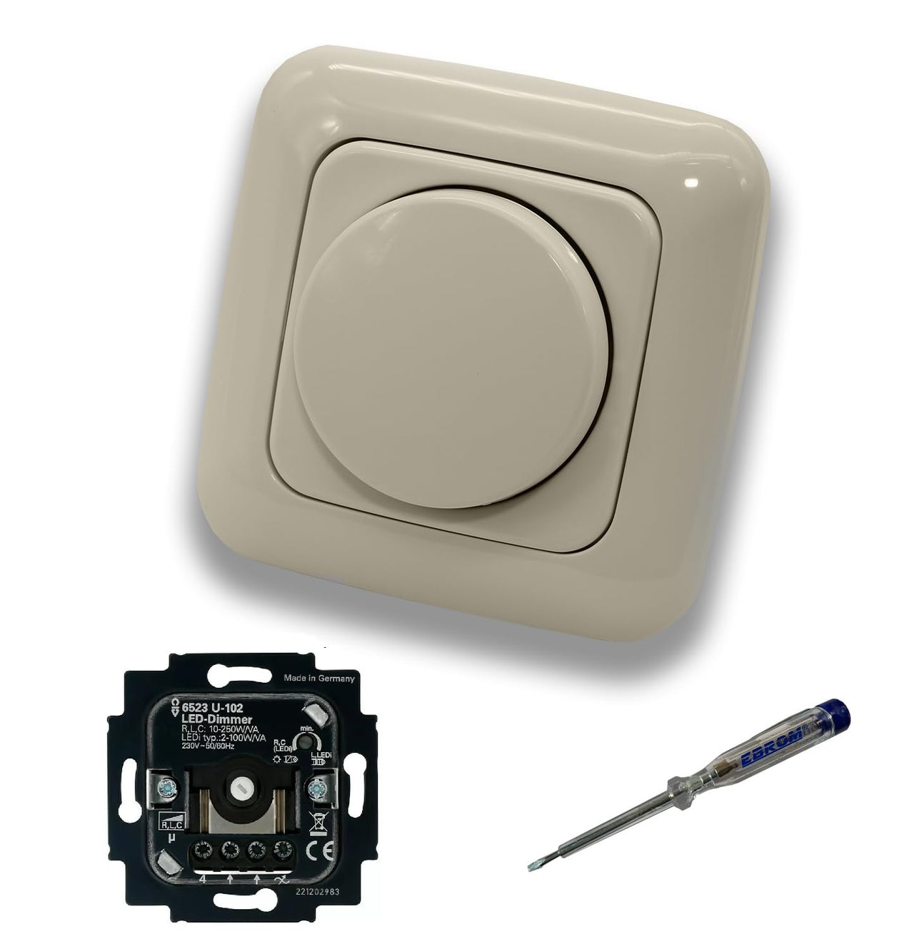 Busch Jäger 6523U-102 LED-Drehdimmer LED-Dimmer mit Dimmerscheibe Zentralplatte 2115-212 Einfachrahmen in DURO2000 cremeweiß glänzend inklusive EBROM Phasenprüfer zur Montage des Dimmers 6523 U – 102